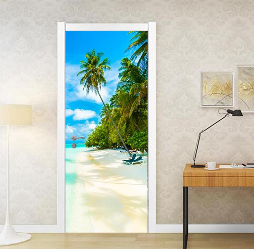 3D beach palm tree white clouds door mural Wallpaper AJ Wallpaper