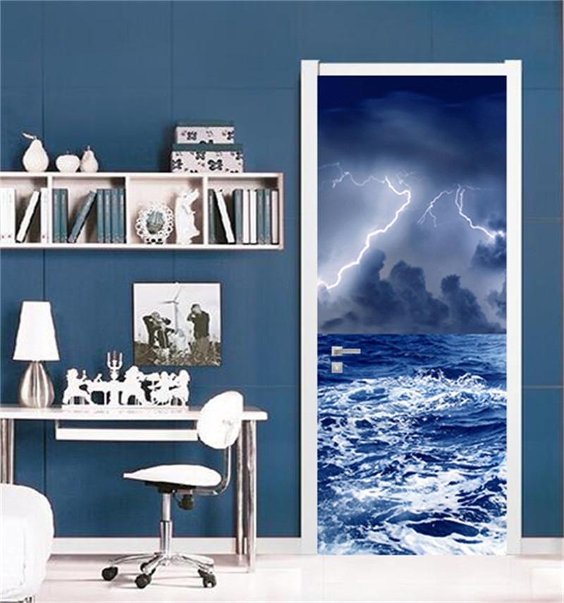 3D the sea thunder night door mural Wallpaper AJ Wallpaper