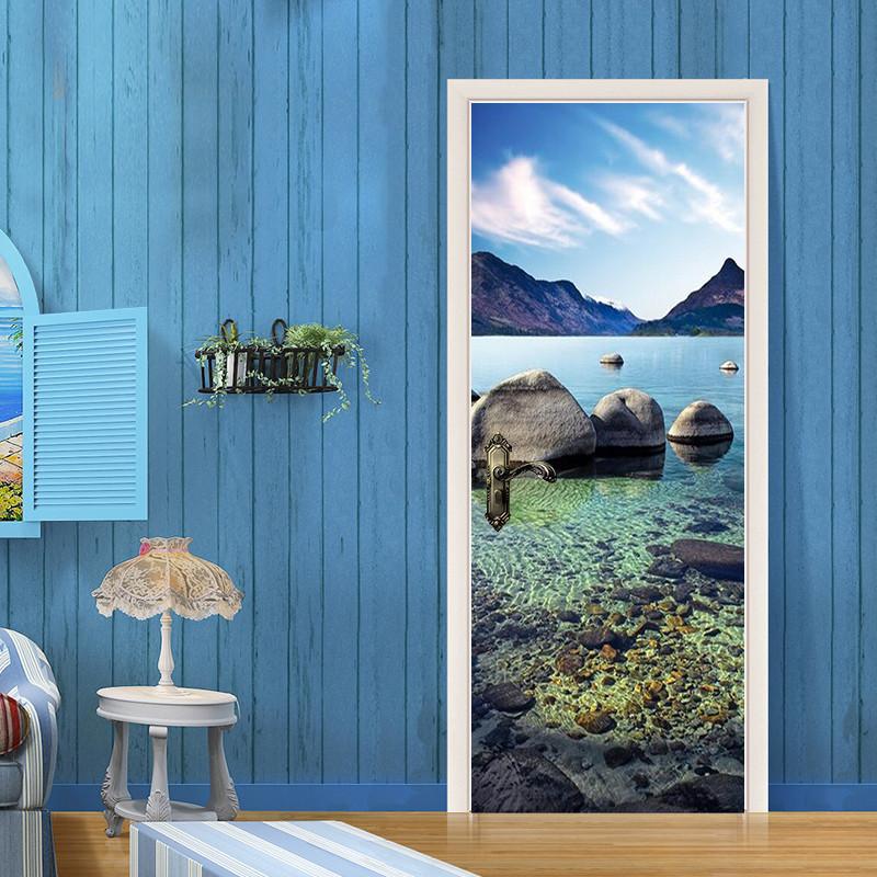 3D blue sky clear water door mural Wallpaper AJ Wallpaper