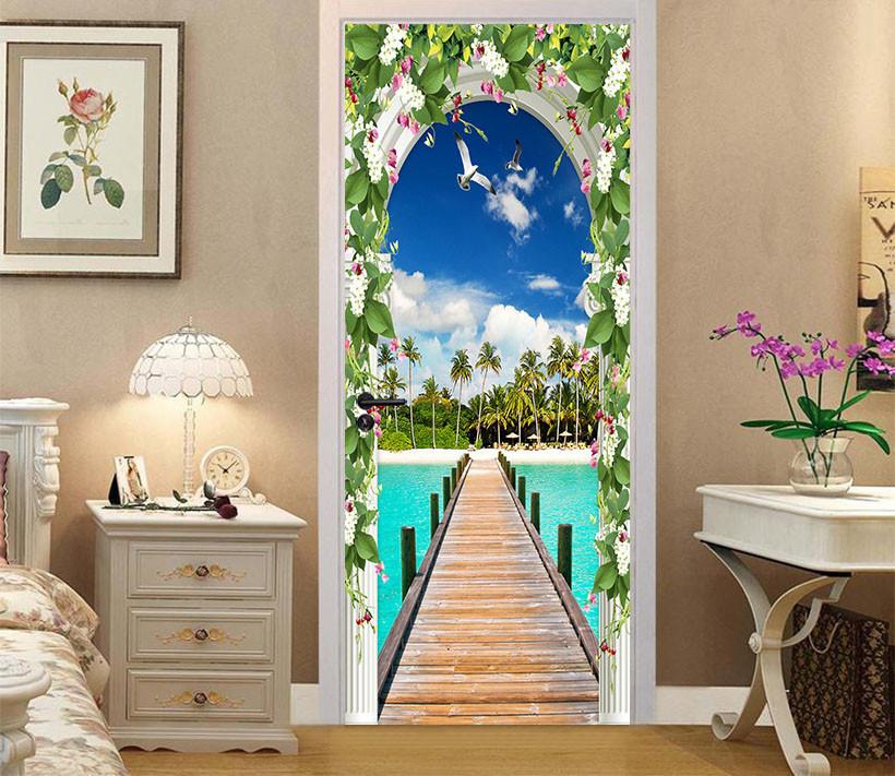 3D seagull palm flower arch door mural Wallpaper AJ Wallpaper