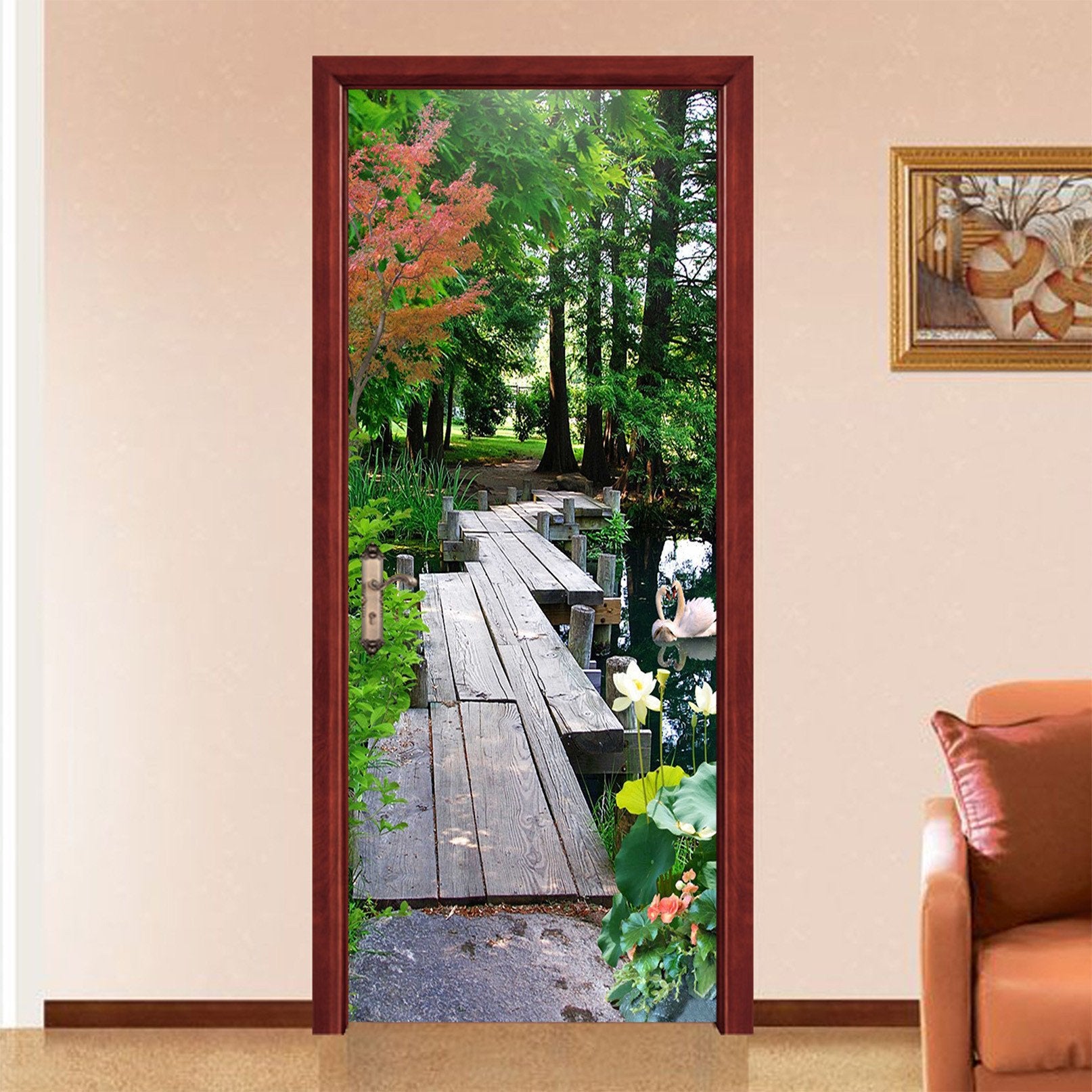 3D Lake Wood Bridge 76 Door Mural Wallpaper AJ Wallpaper