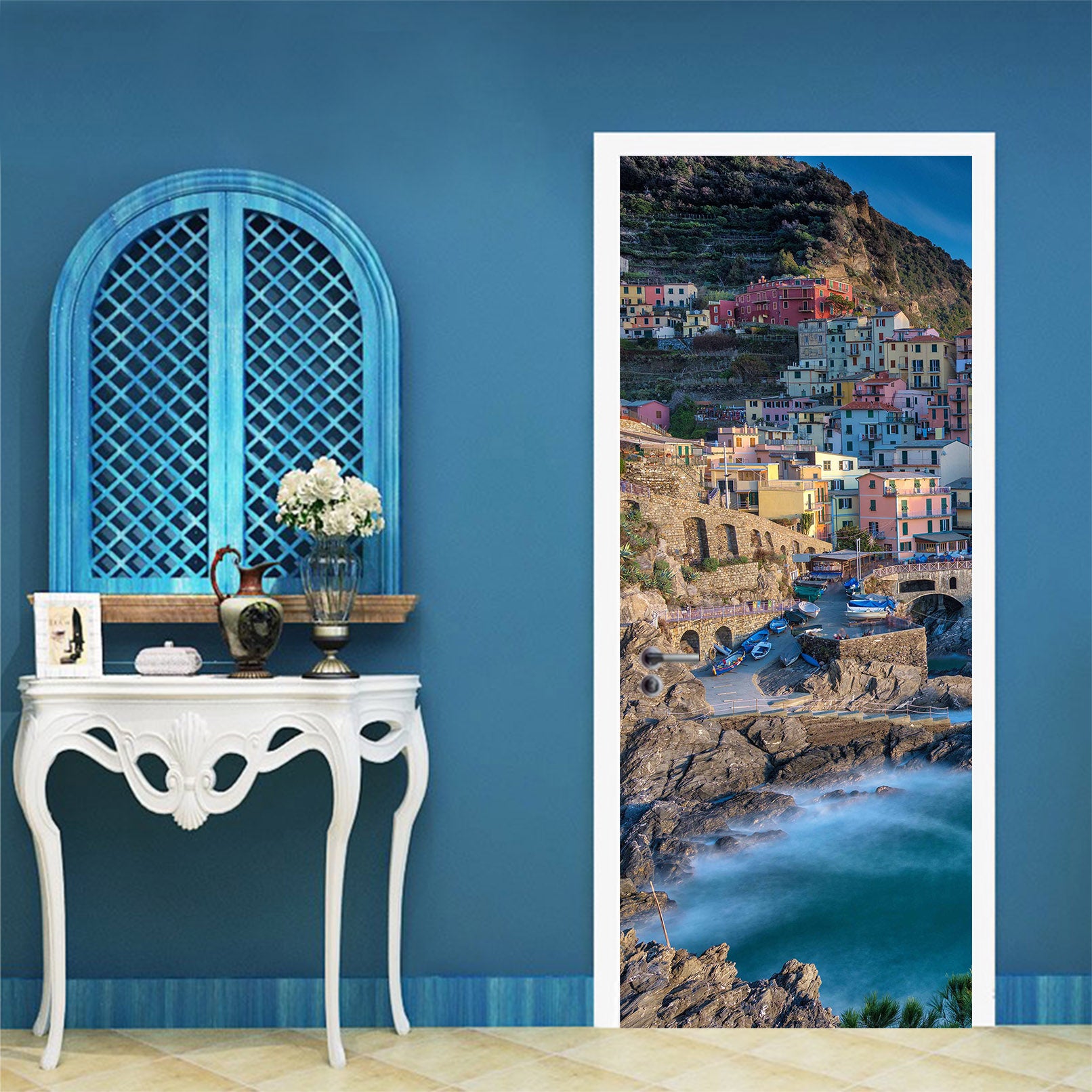 3D Mountains Colorful Houses Seaside 119188 Marco Carmassi Door Mural