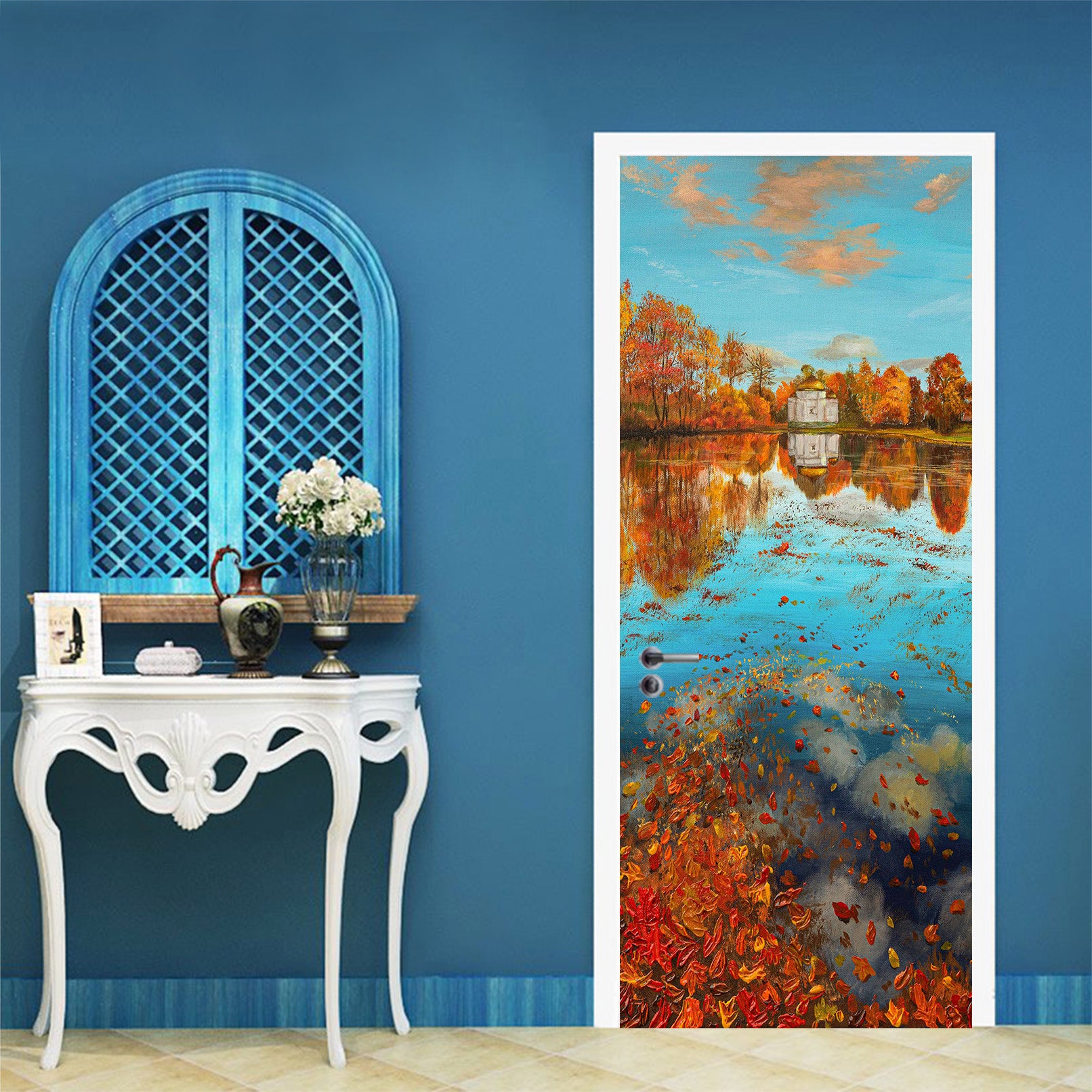 3D Lake Autumn Fallen Leaves 9429 Marina Zotova Door Mural