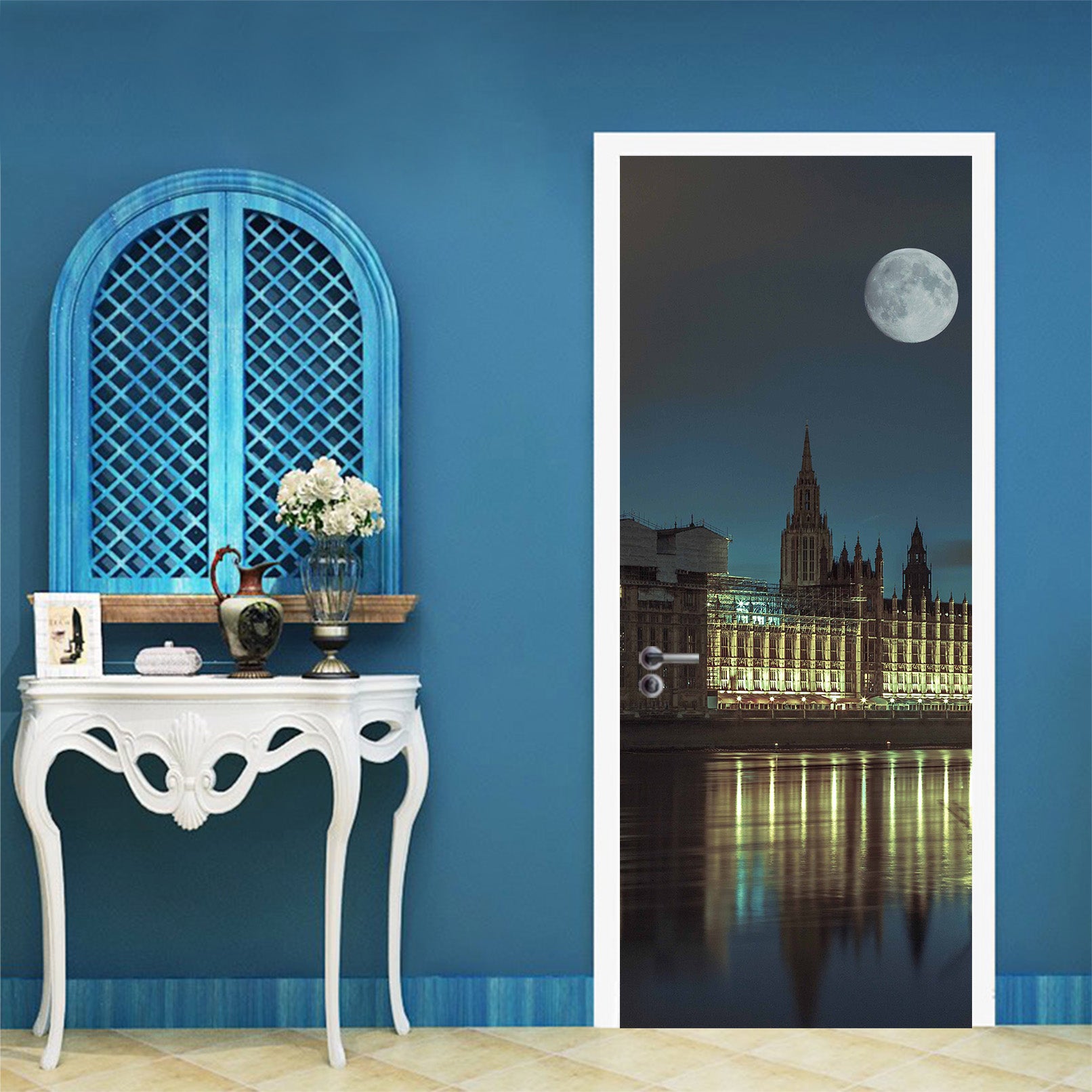 3D Moon Lake Building Shadow 10692 Assaf Frank Door Mural