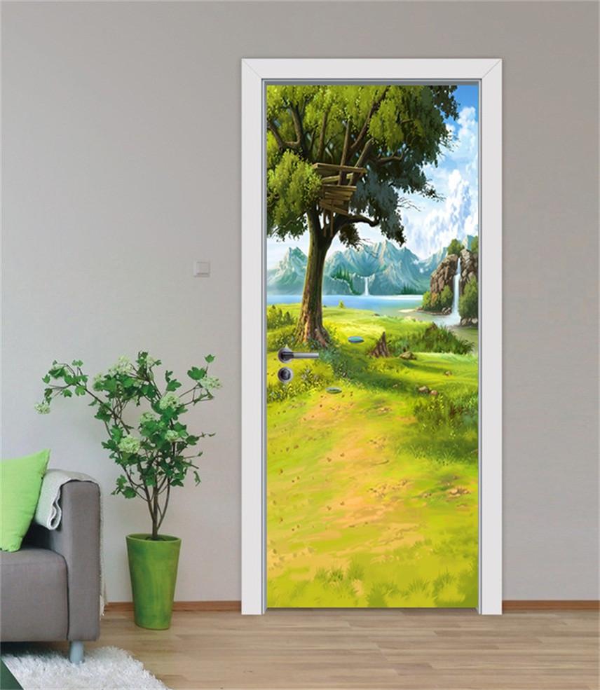 3D grass green trees river mountain door mural Wallpaper AJ Wallpaper