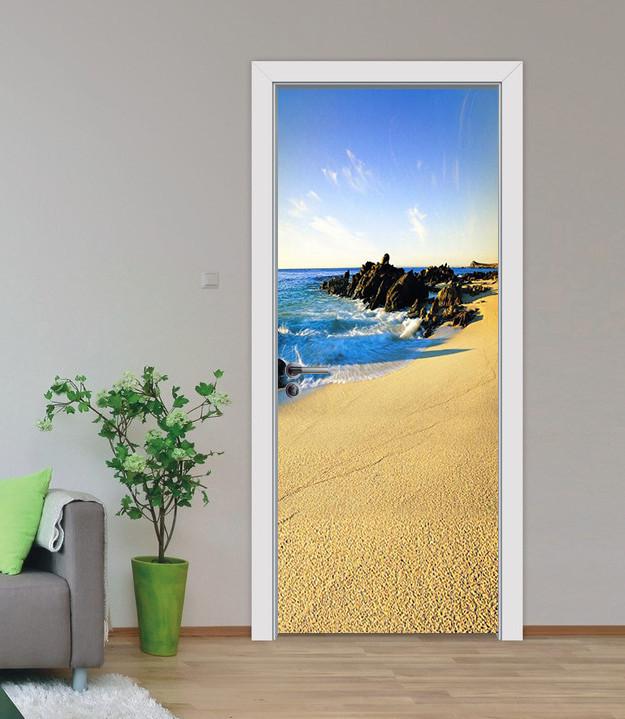 3D sandy beach sea stone door mural Wallpaper AJ Wallpaper