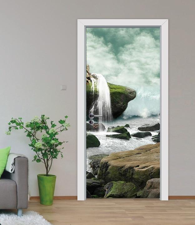 3D river stone white clouds door mural Wallpaper AJ Wallpaper