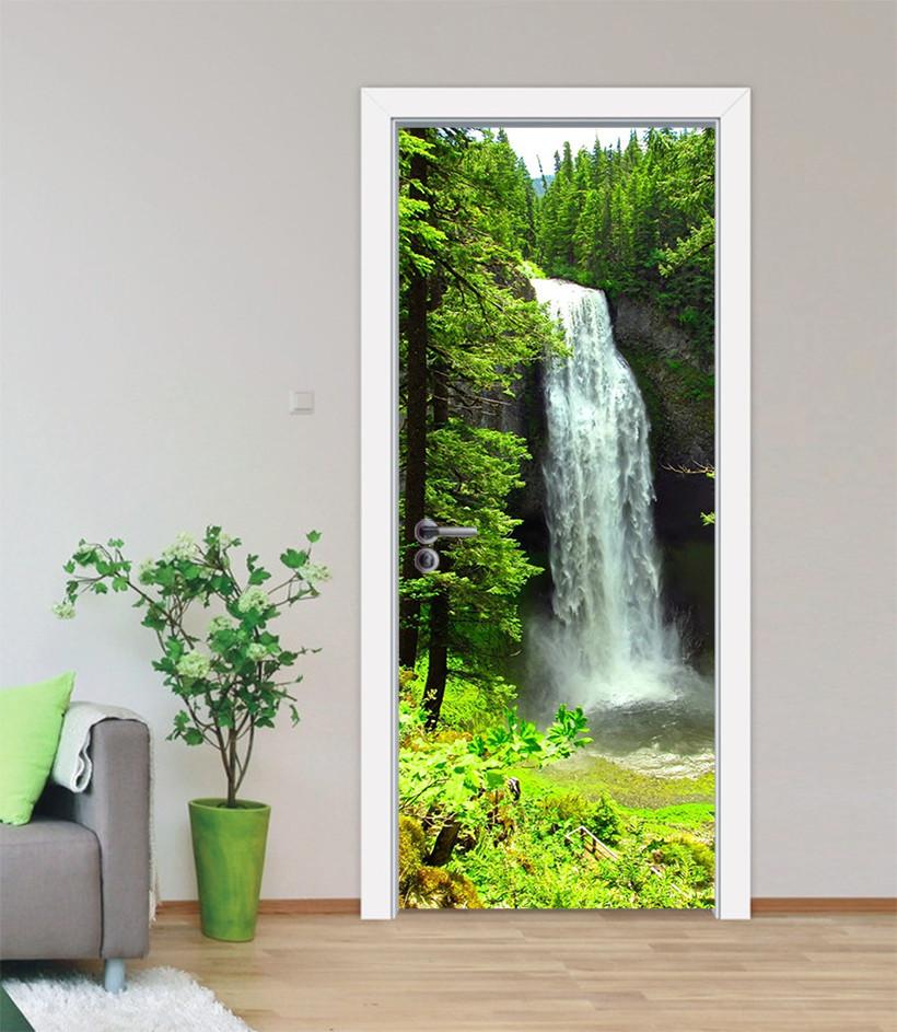 3D waterfall mountain green trees door mural Wallpaper AJ Wallpaper