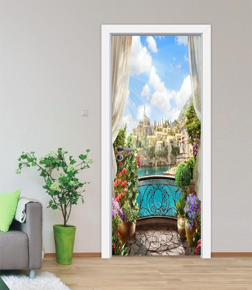 3D potted flowers white clouds painting door mural Wallpaper AJ Wallpaper