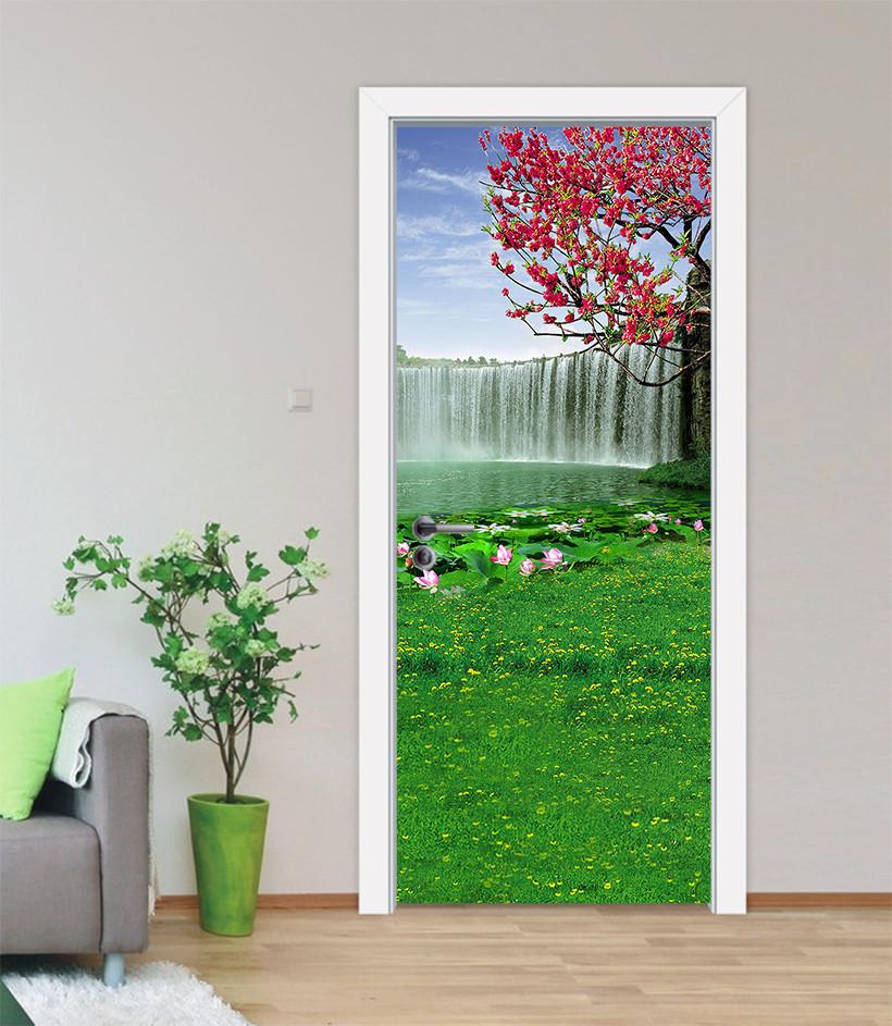 3D red flowering trees the green grass waterfall door mural Wallpaper AJ Wallpaper