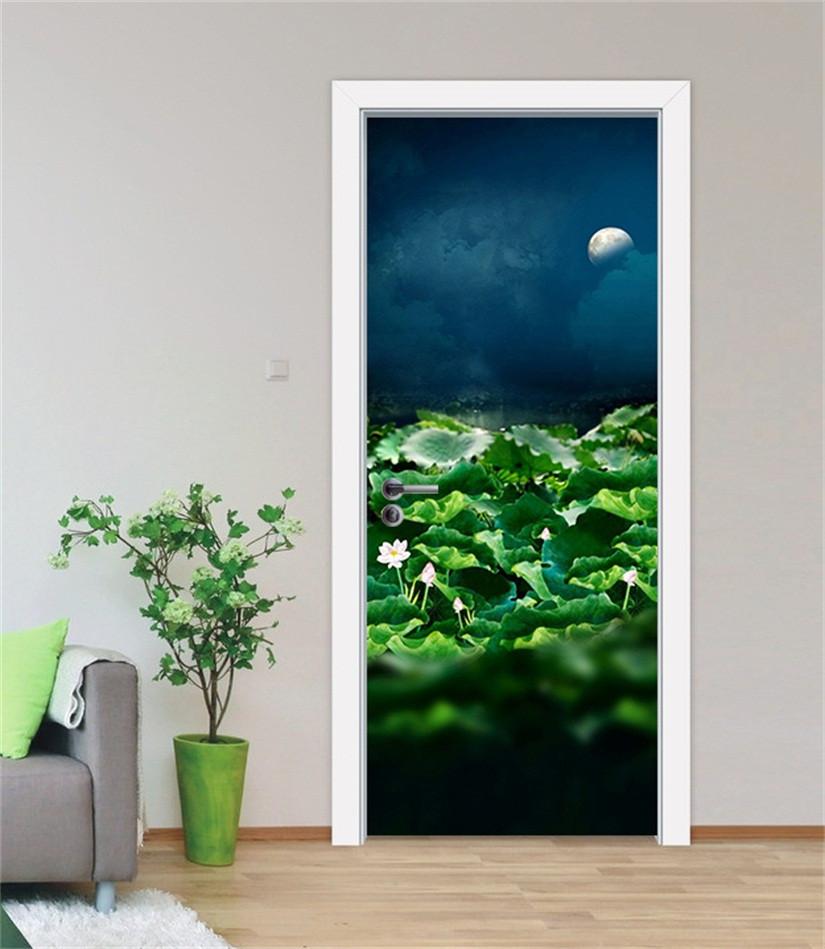 3D lotus pond in the night door mural Wallpaper AJ Wallpaper