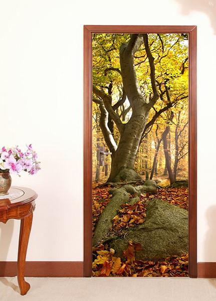 3D fallen leaves tree door mural Wallpaper AJ Wallpaper