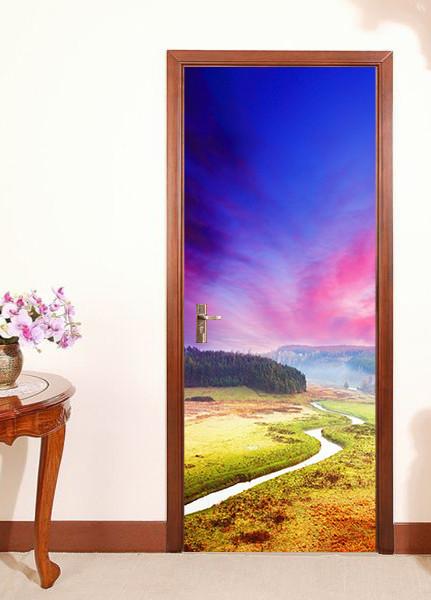 3D sunset glow grassland path door mural Wallpaper AJ Wallpaper