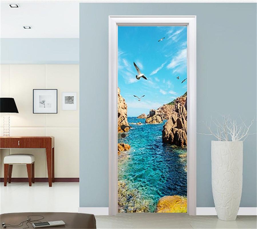 3D sea water and seagulls door mural Wallpaper AJ Wallpaper