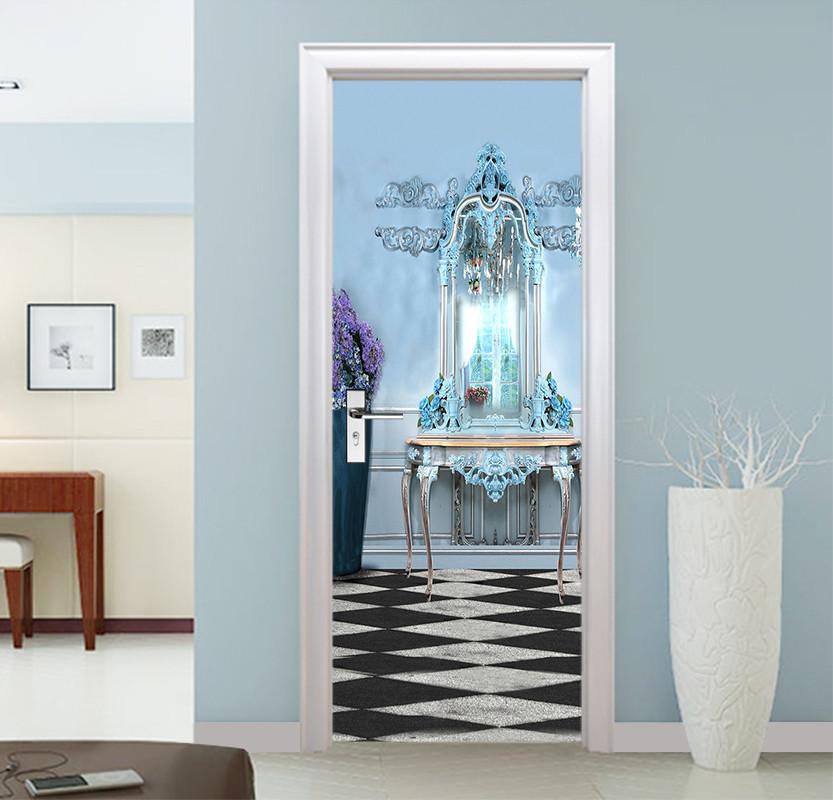 3D blue dresser mirror door mural Wallpaper AJ Wallpaper