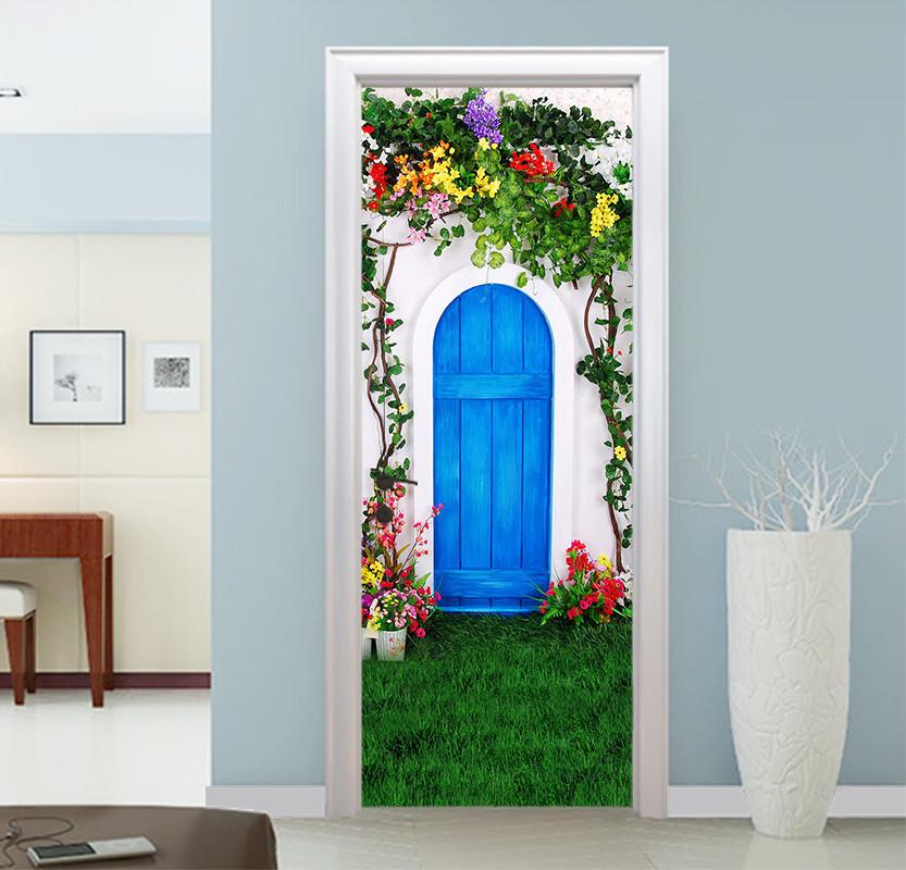 3D blue door flower vine grassland door mural Wallpaper AJ Wallpaper
