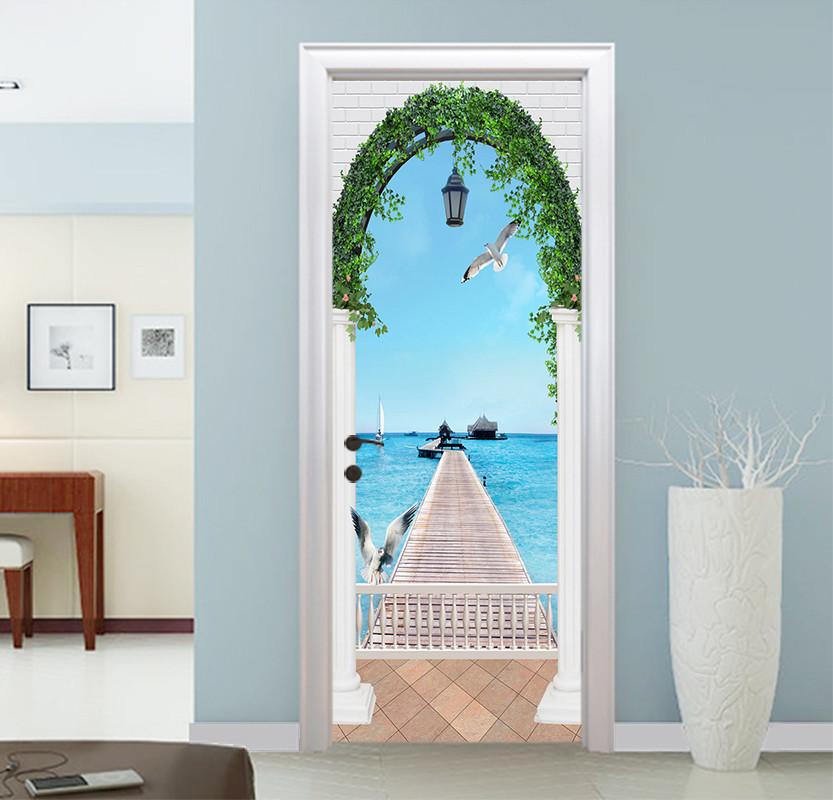 3D seagull seawater suspension bridge door mural Wallpaper AJ Wallpaper