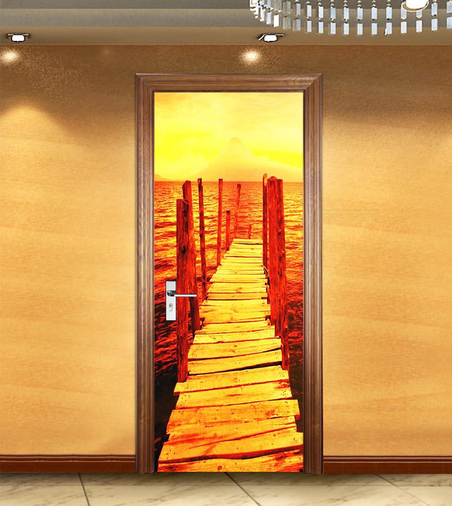 3D the wooden bridge sea dusk door mural Wallpaper AJ Wallpaper