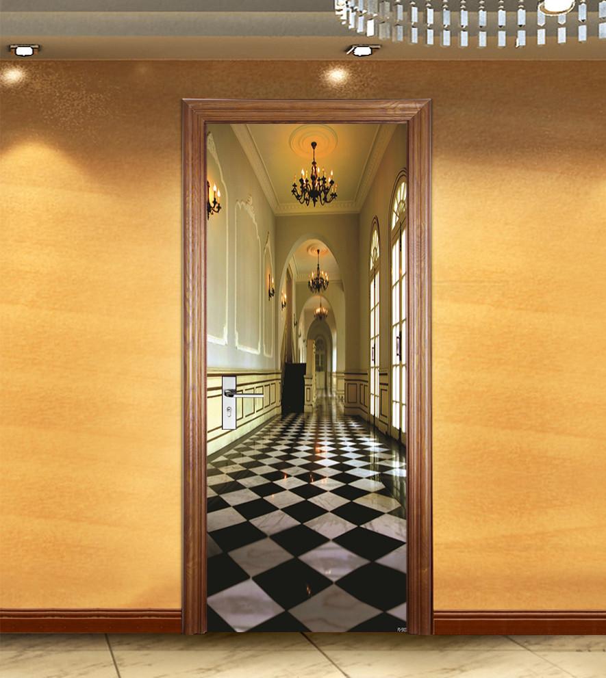 3D corridor lattice tile door mural Wallpaper AJ Wallpaper