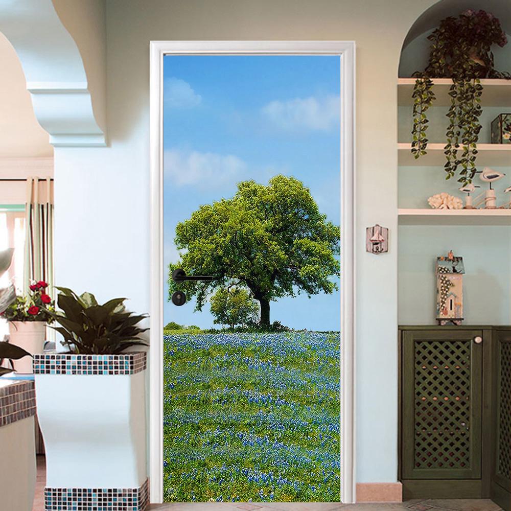 3D tree floret green door mural Wallpaper AJ Wallpaper