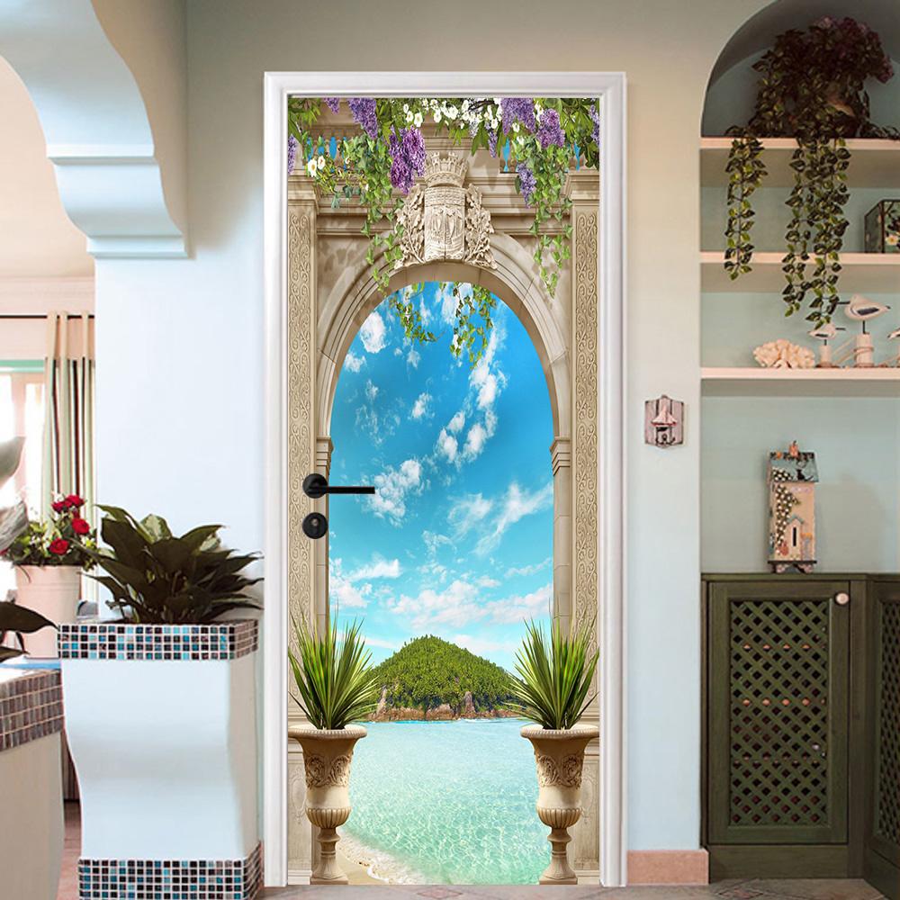3D castle peak blue sky and white clouds painting door mural Wallpaper AJ Wallpaper