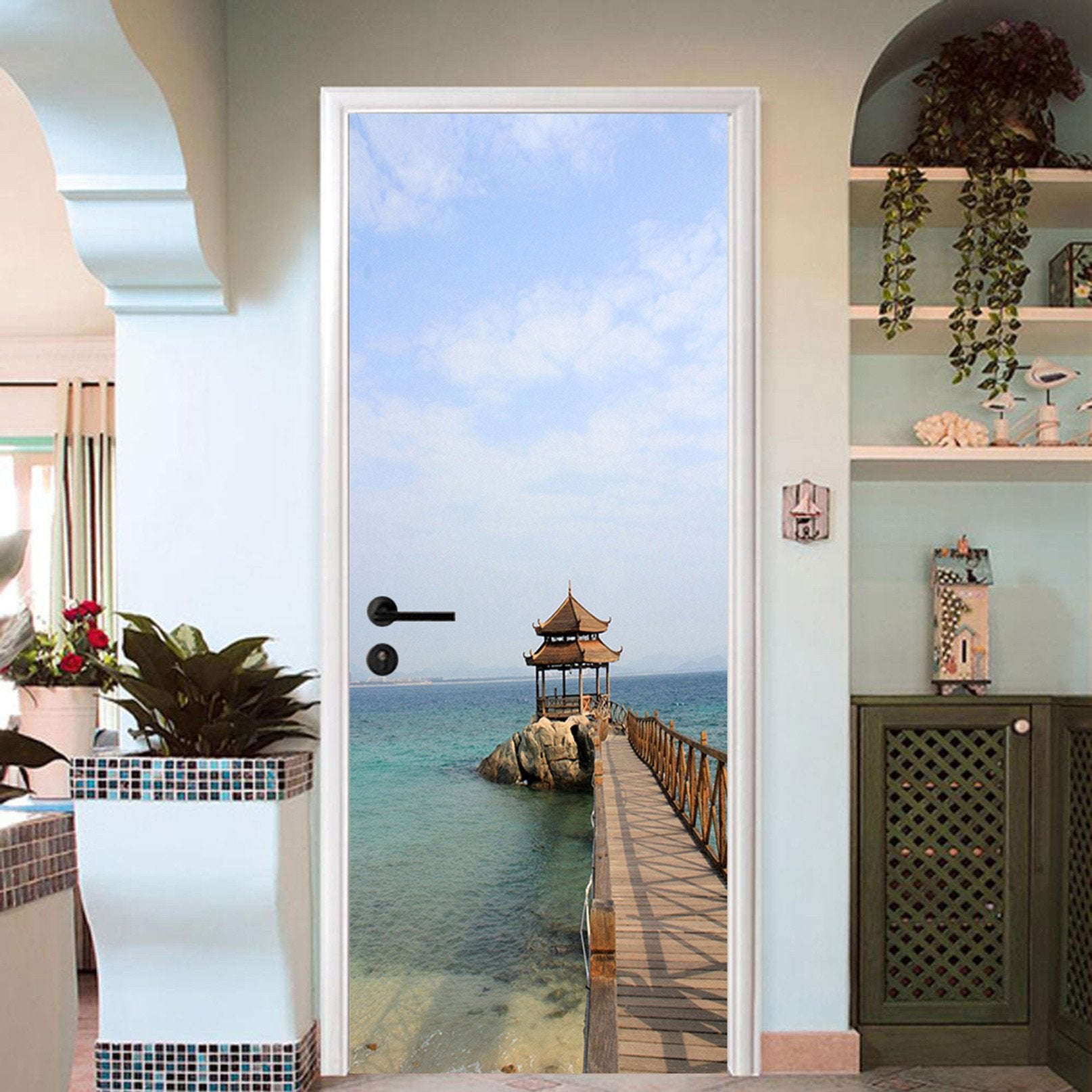 3D Seaside Small Pavilion 64 Door Mural Wallpaper AJ Wallpaper