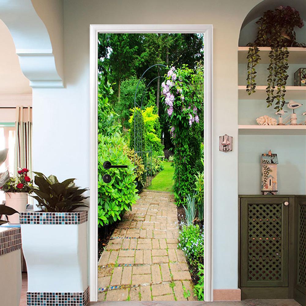 3D stone road green trees door mural Wallpaper AJ Wallpaper