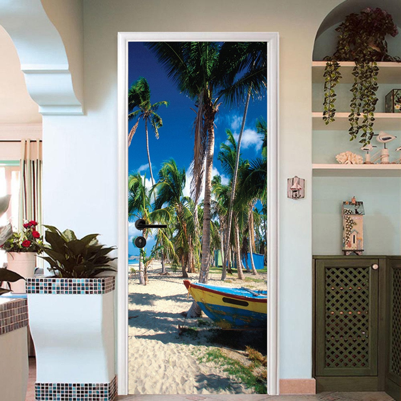 3D Beach Boats Trees 58 Door Mural Wallpaper AJ Wallpaper