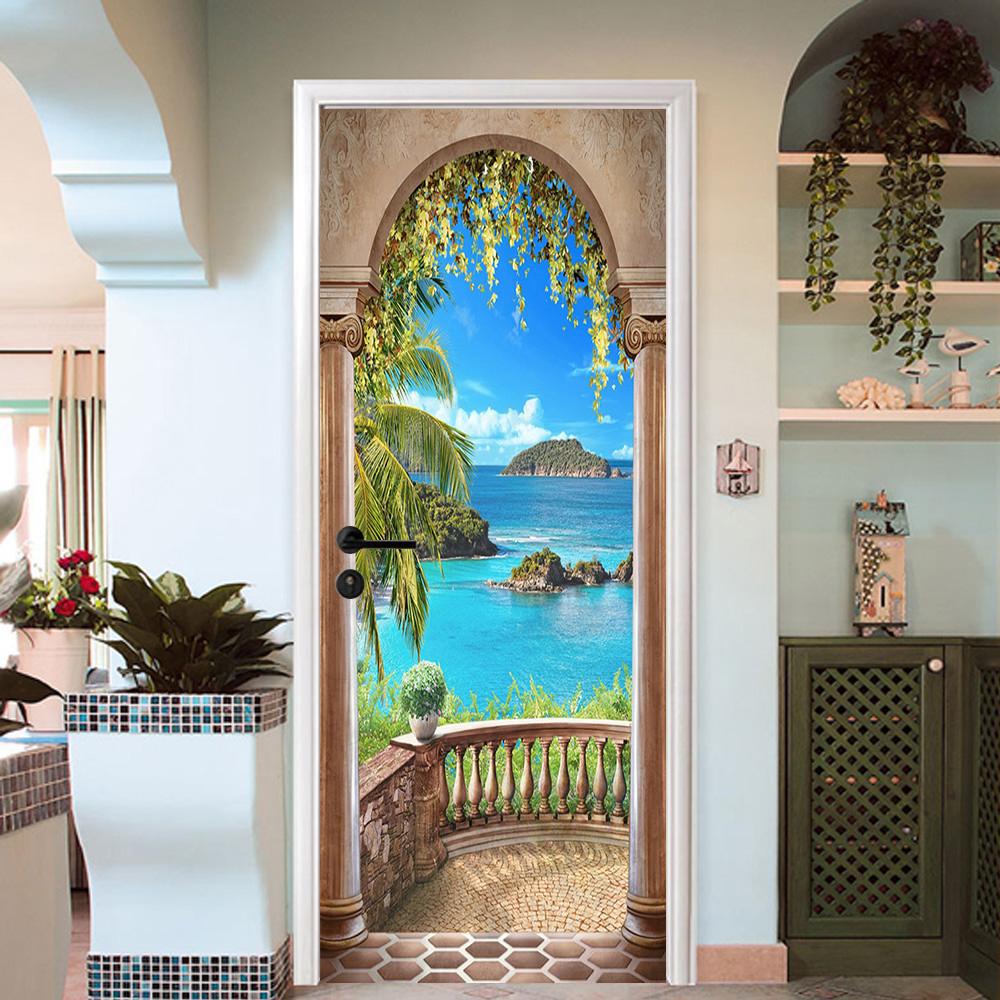 3D pavilion palm tree The sea door mural Wallpaper AJ Wallpaper