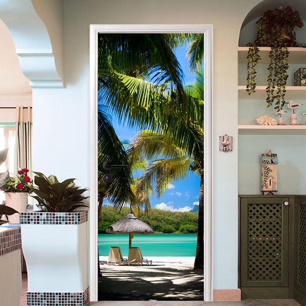 3D palm trees by the sea door mural Wallpaper AJ Wallpaper
