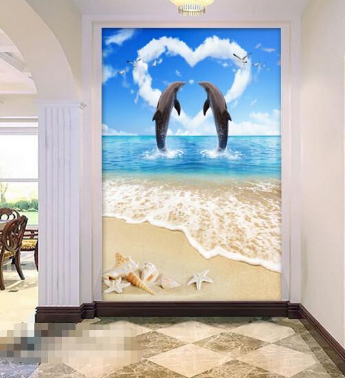3D Romantic Dolphins Floor Mural Wallpaper AJ Wallpaper 2