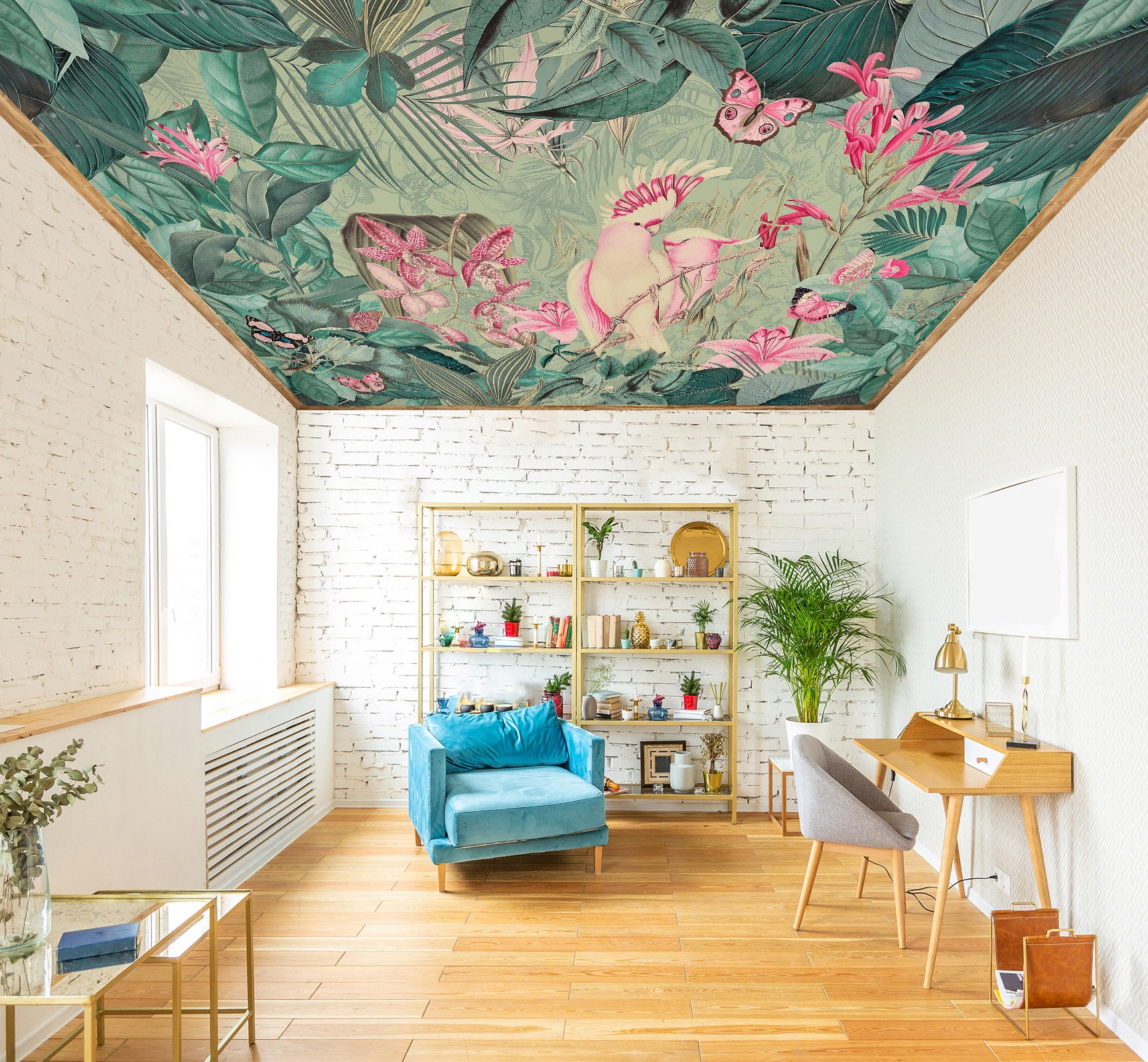 3D Pink Parrot Leaves 971 Andrea Haase Ceiling Wallpaper Murals