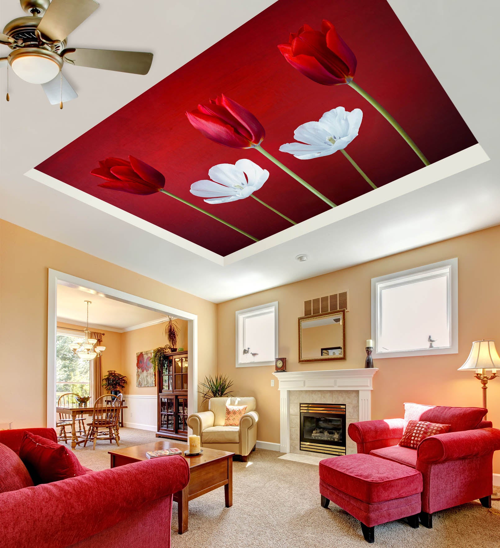 3D Red White Flower 2569 Assaf Frank Ceiling Wallpaper Murals