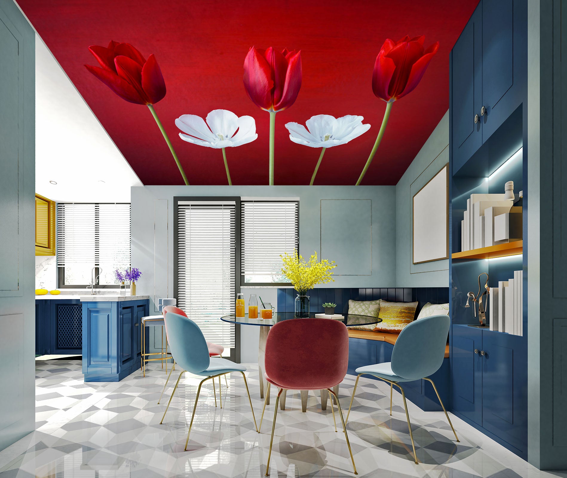 3D Red White Flower 2569 Assaf Frank Ceiling Wallpaper Murals