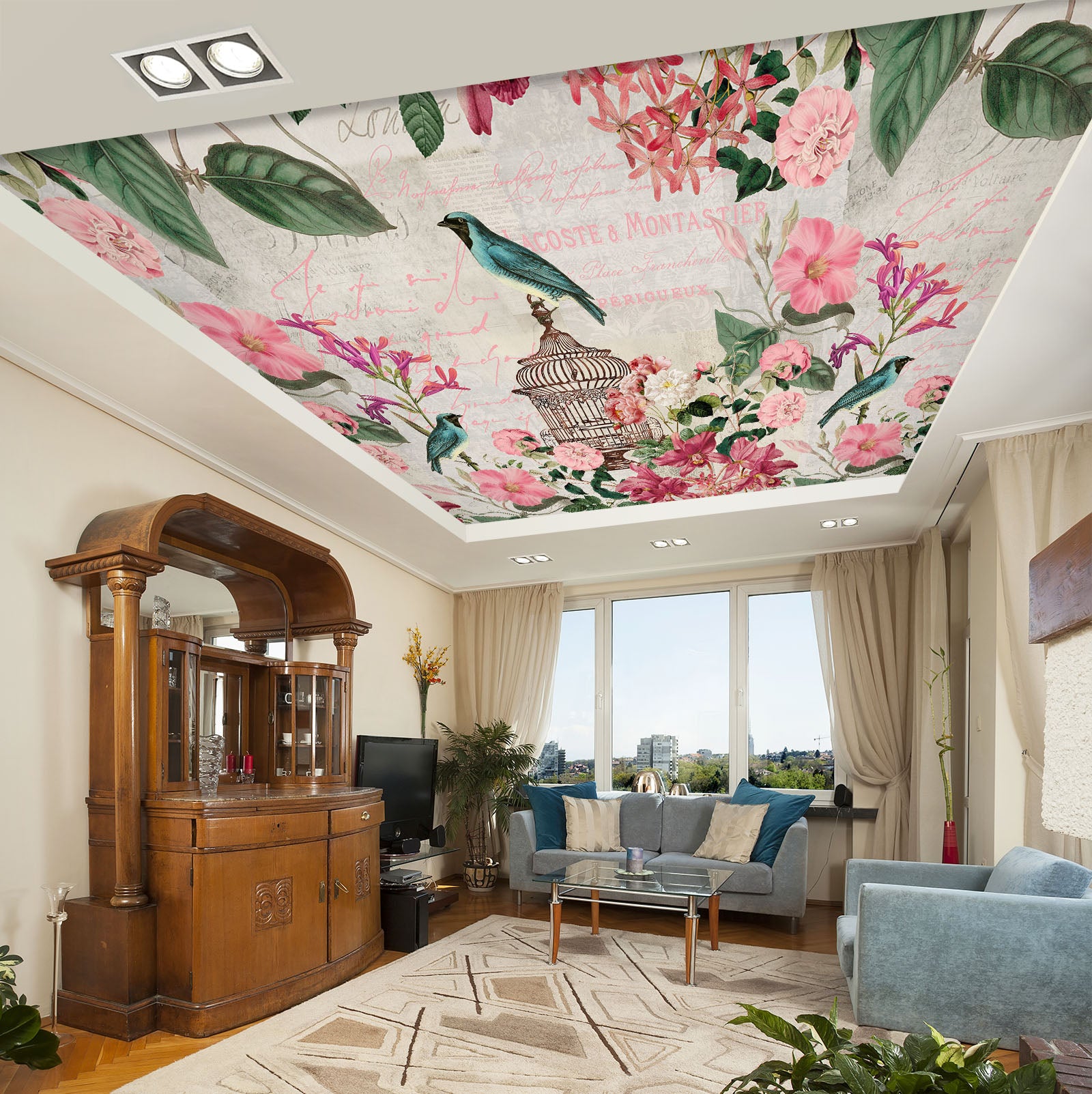 3D Pink Flower Bird 962 Andrea Haase Ceiling Wallpaper Murals