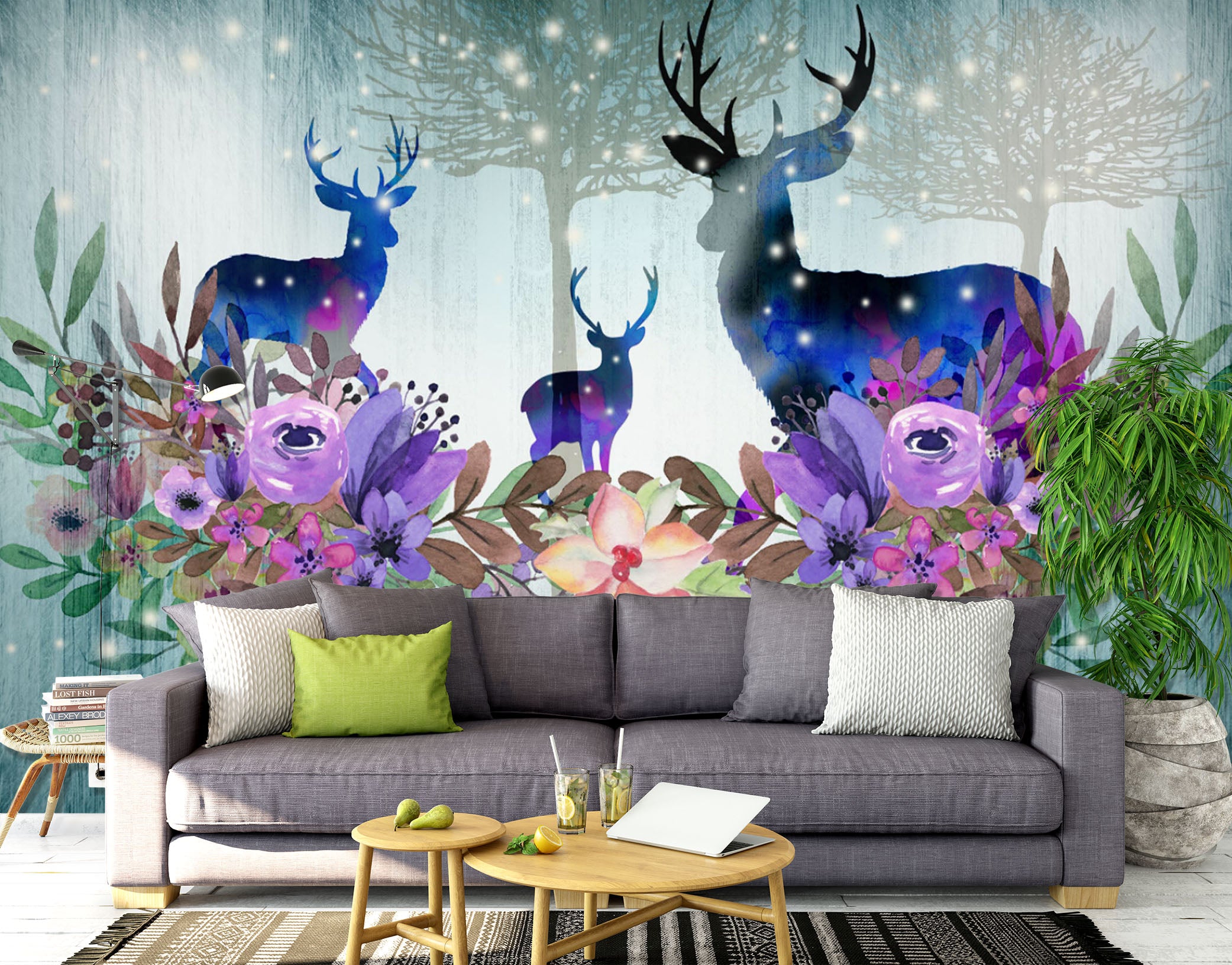 3D Flower Deer 1453 Wall Murals