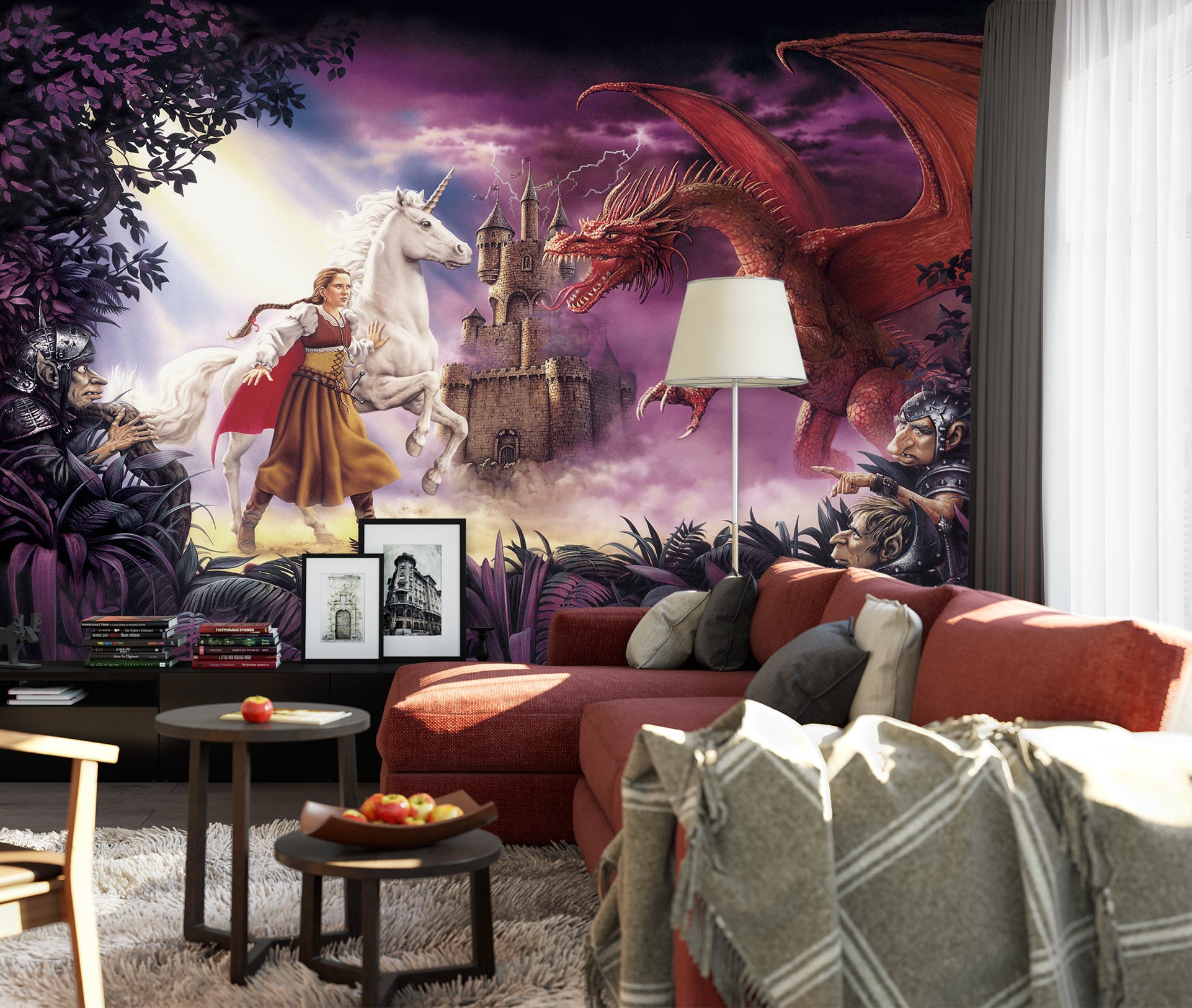 3D Castle White Unicorn Red Dragon 7049 Ciruelo Wall Mural Wall Murals