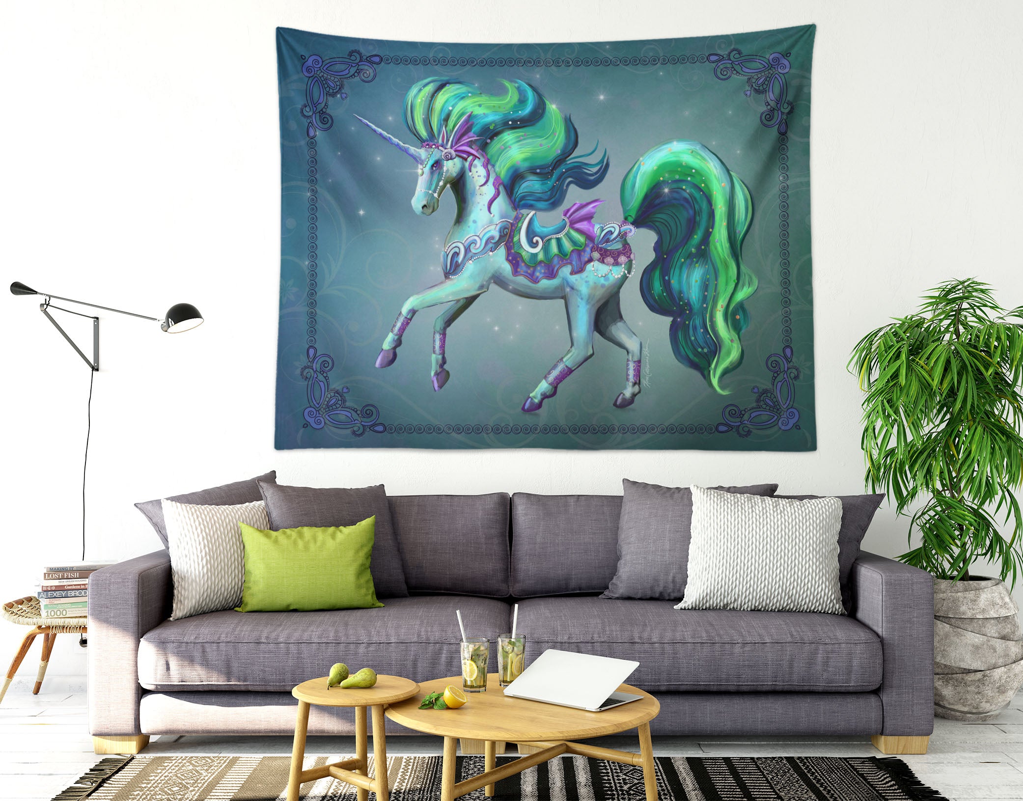 3D Green Unicorn 960 Rose Catherine Khan Tapestry Hanging Cloth Hang