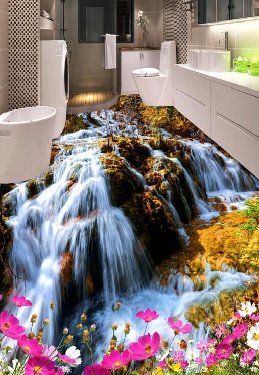 3D Waterfall And Flowers Floor Mural Wallpaper AJ Wallpaper 2