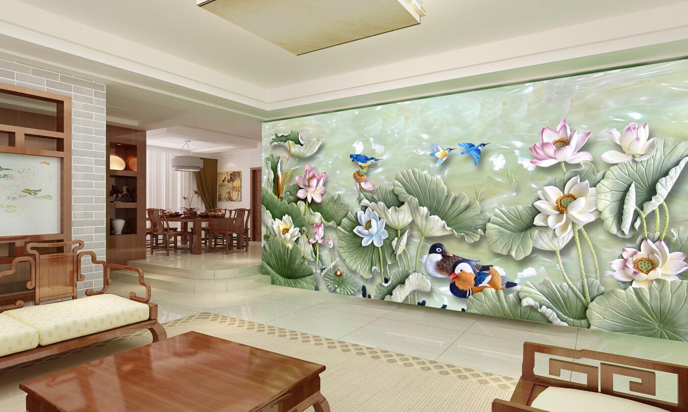 3D Jade Lotus And Colorful Birds Wallpaper AJ Wallpaper 1