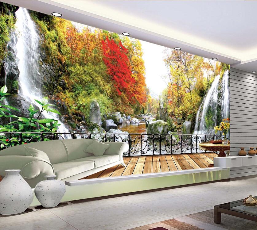 3D Waterfall And Red Tree Wallpaper AJ Wallpaper 1