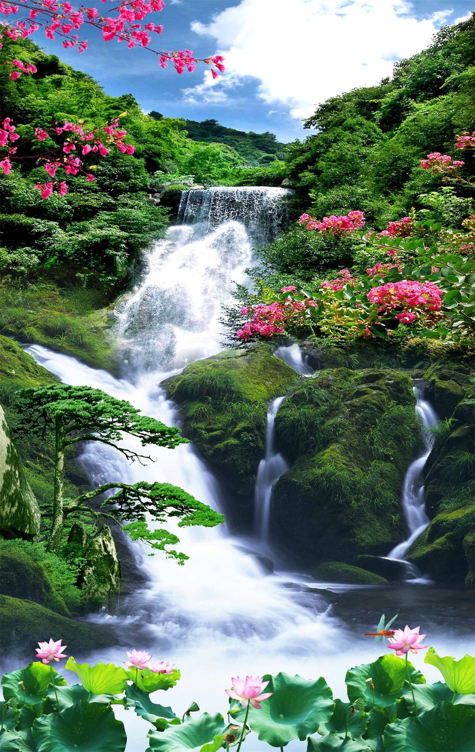 3D River Waterfalls Flowers 994 Stair Risers Wallpaper AJ Wallpaper