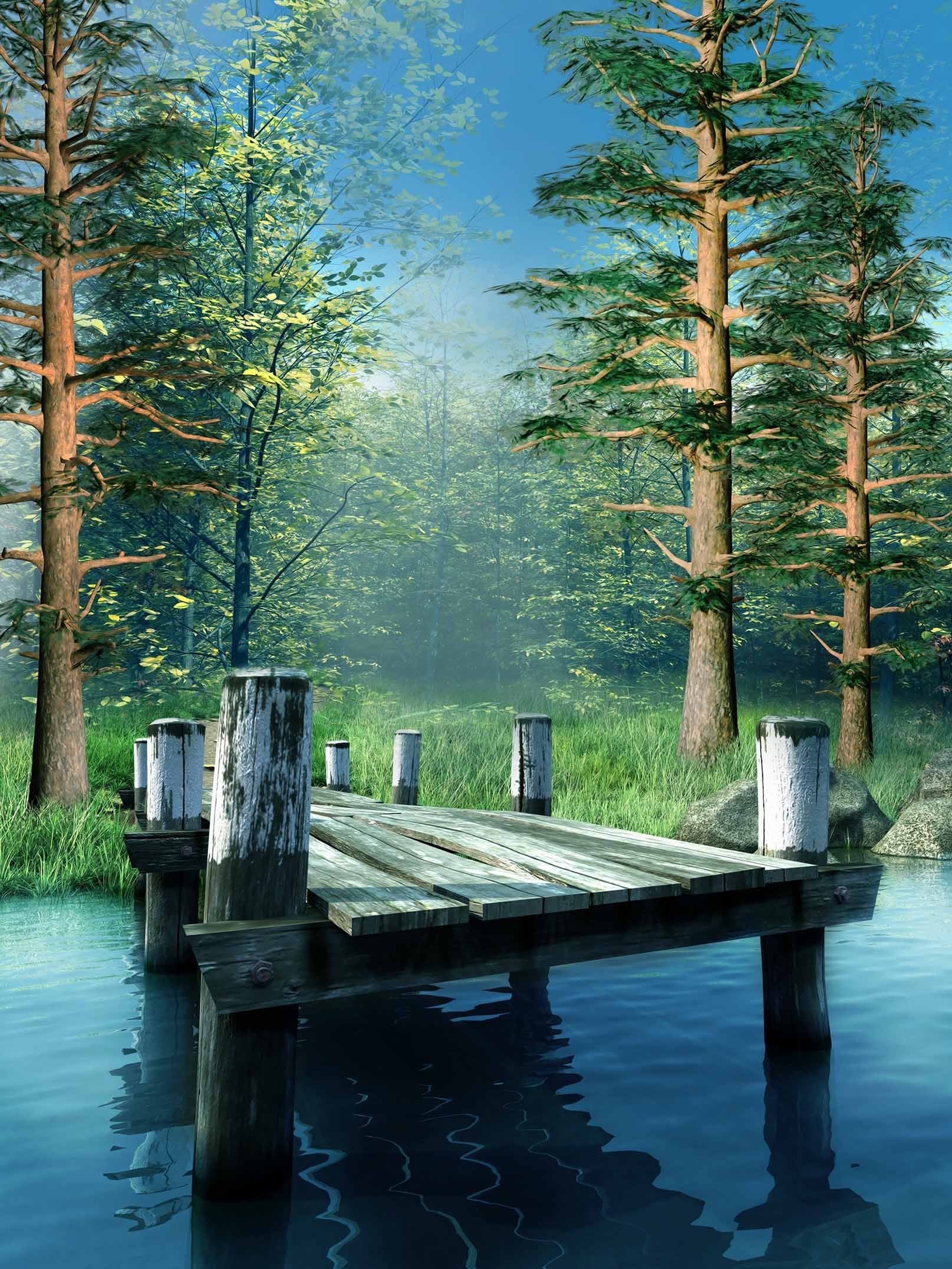 3D Forest Lake Wood Bridge 1543 Stair Risers Wallpaper AJ Wallpaper