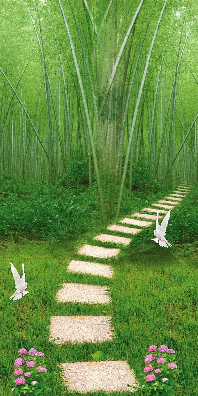 3D bamboo forest dove and flower door mural Wallpaper AJ Wallpaper
