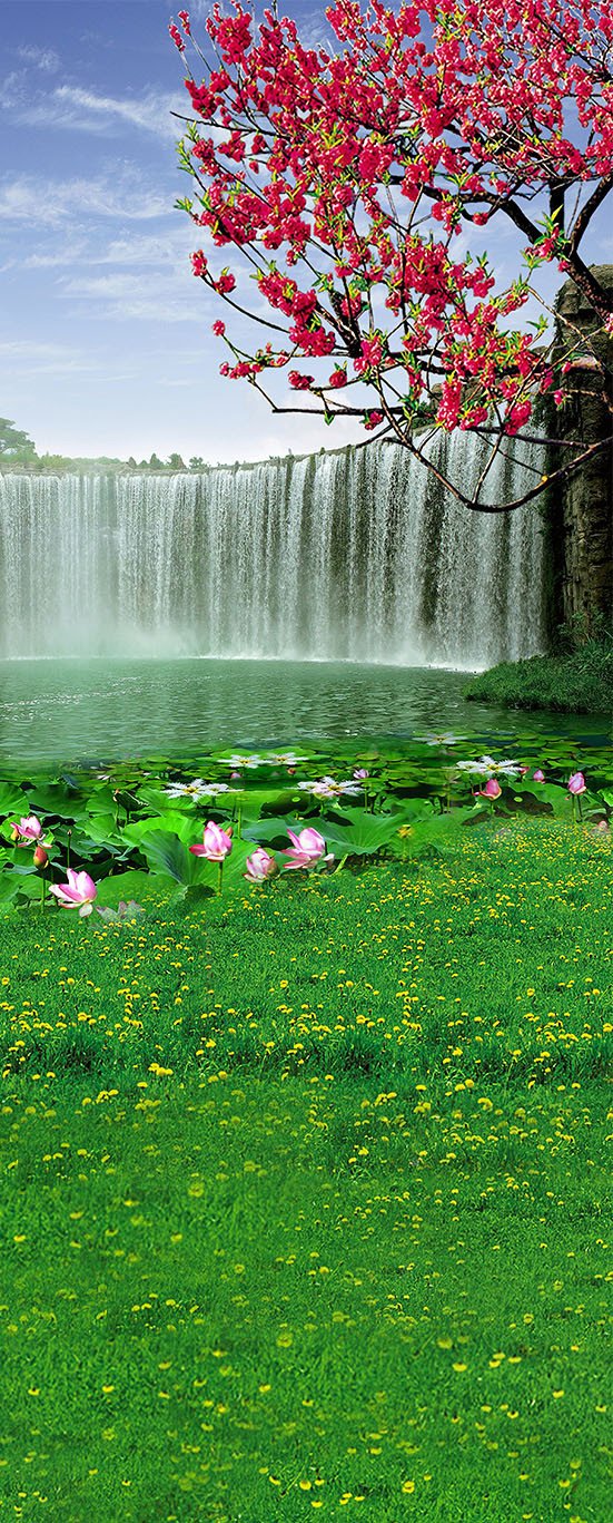 3D red flowering trees the green grass waterfall door mural Wallpaper AJ Wallpaper