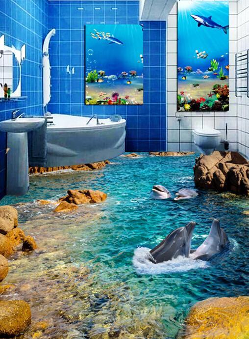 3D Bay Playing Dolphins Floor Mural Wallpaper AJ Wallpaper 2