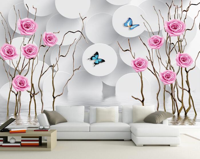 3D Simple Circle Rose Butterfly Wallpaper AJ Wallpaper 1