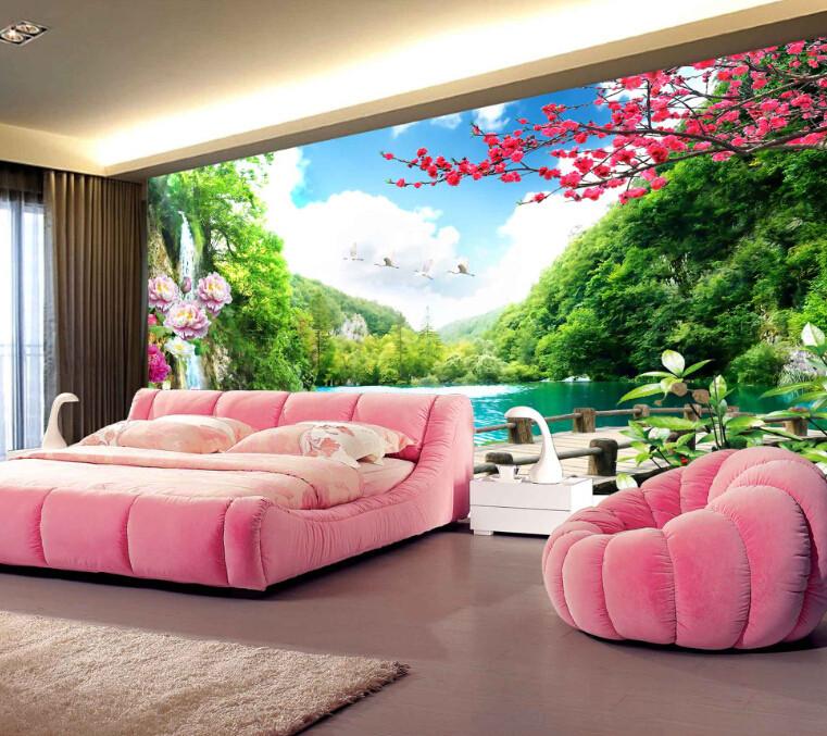 3D Mountain Forest Falls Pink Flowers Wallpaper AJ Wallpaper 1