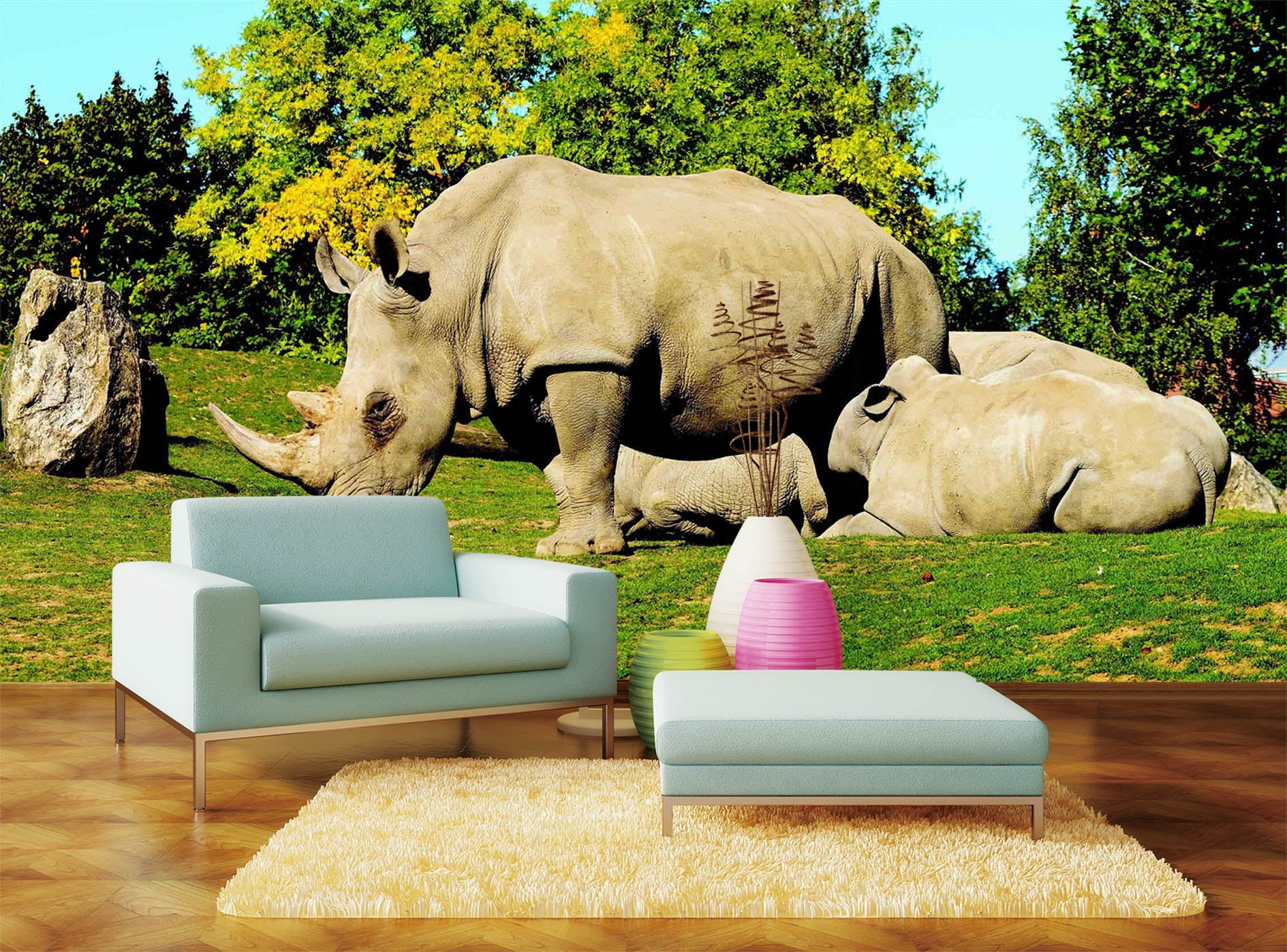 3D Forest Rhino 1069 Wall Murals