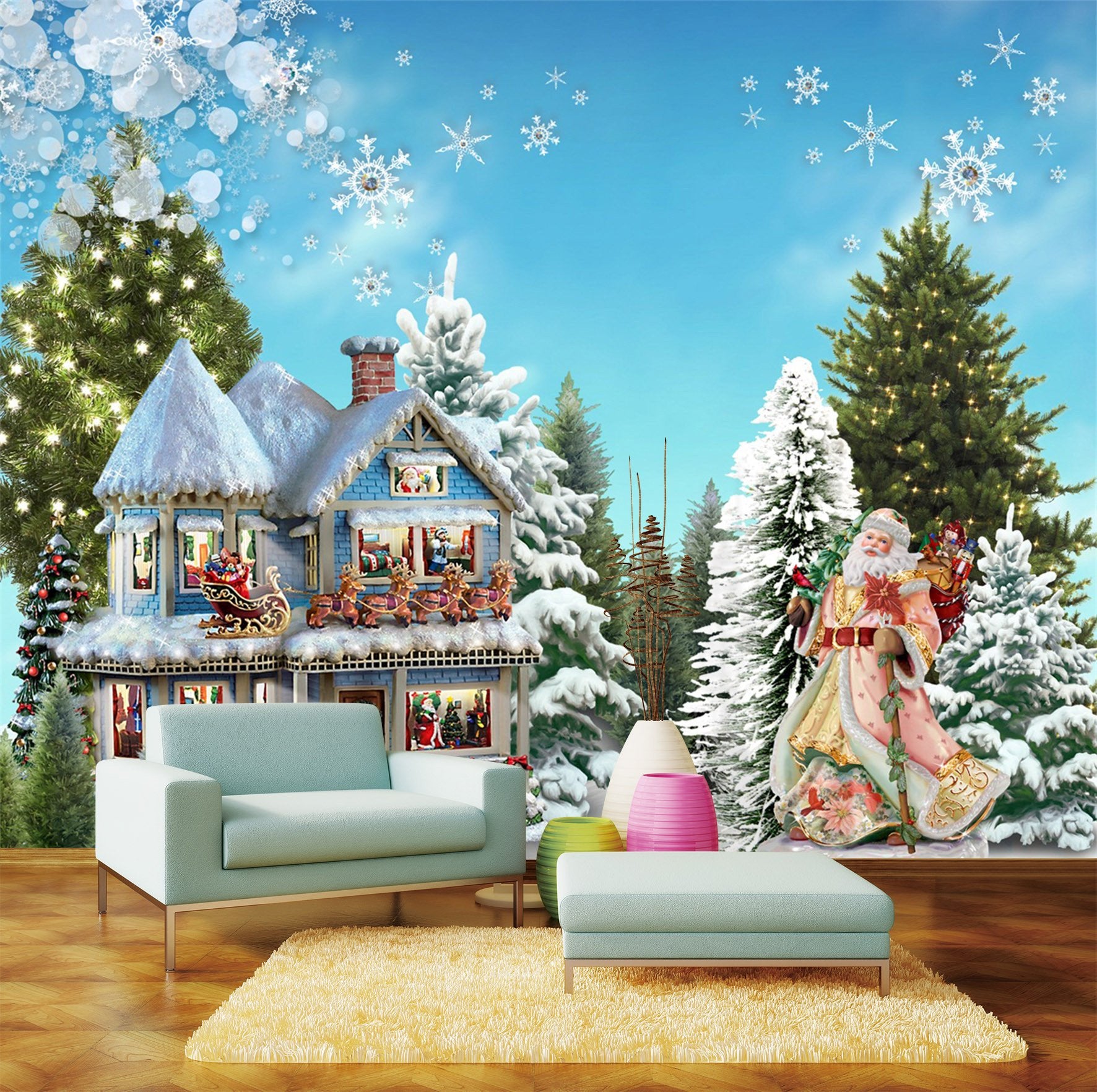 3D Christmas Snowflake Tree And House Wallpaper AJ Wallpaper